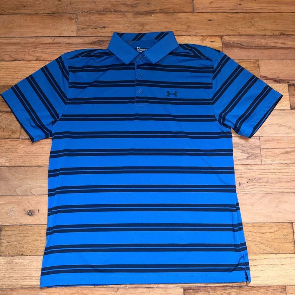 Under Armour Groove Stripe Polo Size L Blue Black Golf Shirt